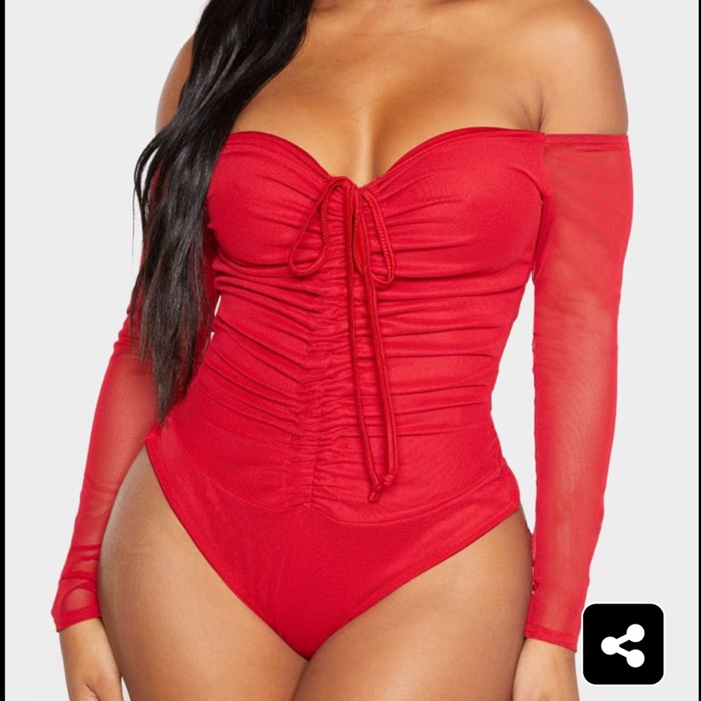Red mesh long sleeve touched bodysuit